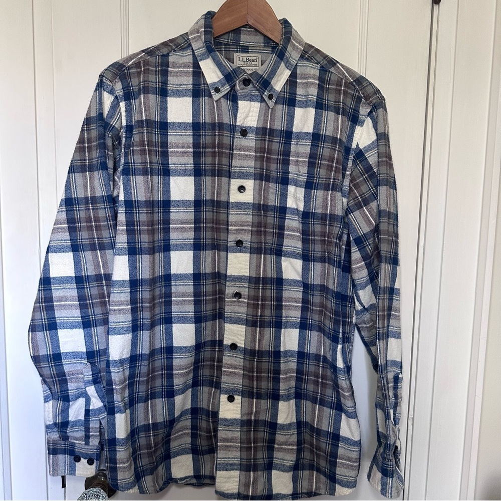 L.L. Bean Blue Plaid Cotton Flannel Button Down Shirt, Traditional Fit, M